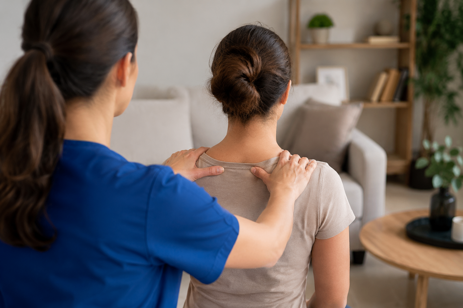 In-home physiotherapy session focused on lower body treatment and mobility support